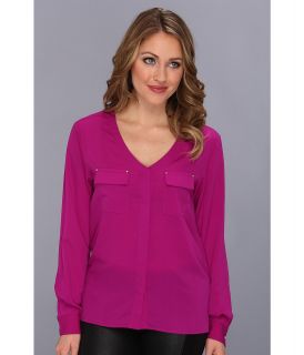 Anne Klein Two Pocket Shirt Womens Short Sleeve Pullover (Purple)