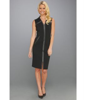 Halston Heritage Sleeveless Stand Collar Ponte Dress w/ Contrast Detail Womens Dress (Black)