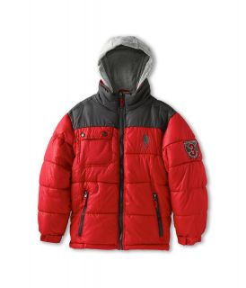 U.S. Polo Assn Kids Puffer Jacket with Jersey Fleece Hood Boys Coat (Red)