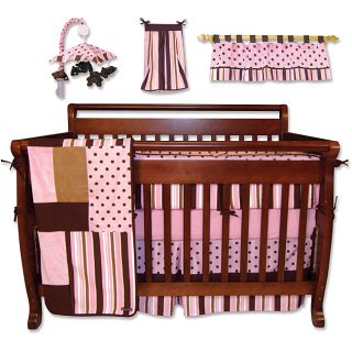 Trend Lab Maya 7 piece Crib Bedding Set (Pink, chocolate brown, caramel Thread count 200 Set includesCoverlet 35 inches wide x 45 inches long Skirt 27 inches high x 50 inches high Short bumper 28 inches long x 10 inches high Long bumper 51 inches long x