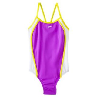 Speedo Girls 1 Piece Racer Back Mesh Splice Swimsuit   Purple 12