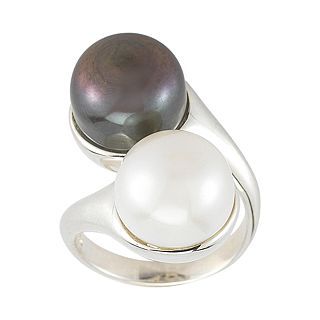 ONLINE ONLY   Black & White Cultured Freshwater Pearl Button Bypass Ring, White,