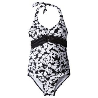 Womens Maternity Tie Neck Belted One Piece Swimsuit   Black/White XXL
