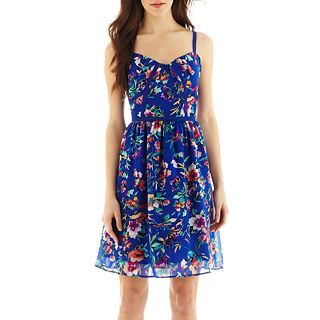 Sleeveless Floral Print Fit and Flare Dress, Blue