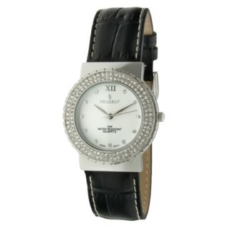 Peugeot Womens Crystal Accented Leather Watch   Black/Silver