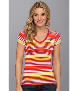 U.S. Polo Assn Cotton Slub Short Sleeve Multi Stripe V Neck T Shirt Womens T Shirt (Red)