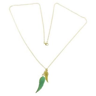 Womens Long Chain Necklace with Large and Small Wings Pendant   Gold/Green