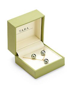 8MM 10MM Tahitian Round Pearl & 14K Gold Necklace/Earrings Set   Gol