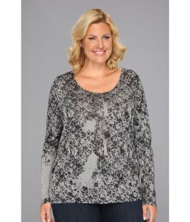 DKNY Jeans Plus Size Mixed Media Ghost Floral Print Cross Back Tunic Womens Blouse (Black)