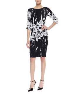 Womens 3/4 Sleeve Ruched Waist Dress, Black/White Floral   Tracy Reese