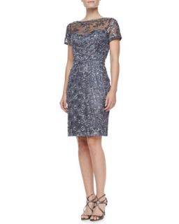 Womens Short Sleeve Embroidered Sheath Cocktail Dress, Charcoal   Sue Wong