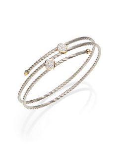 Diamond & 18K Yellow Gold Spiral Cable Bracelet   Silver
