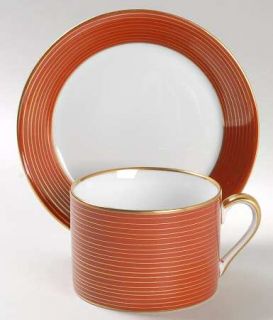 Fitz & Floyd Rondelle Terra Cotta Flat Cup & Saucer Set, Fine China Dinnerware  
