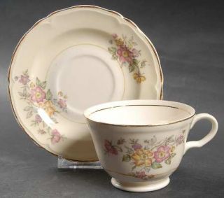 Edwin Knowles Bouquet Footed Cup & Saucer Set, Fine China Dinnerware   Pink/Yell