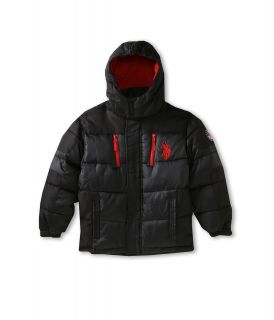 U.S. Polo Assn Kids Color Block Puffer Jacket with Polar Fleece Lining Boys Coat (Black)