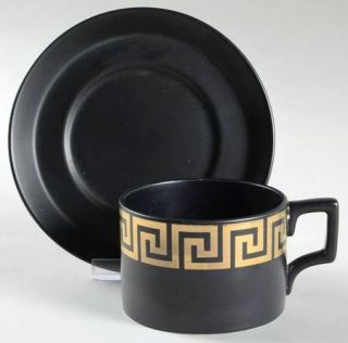 Portmeirion Greek Key Black/Gold Flat Cup & Saucer Set, Fine China Dinnerware  