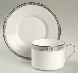 Mikasa Riverside Park Flat Cup & Saucer Set, Fine China Dinnerware   Bone,Platin