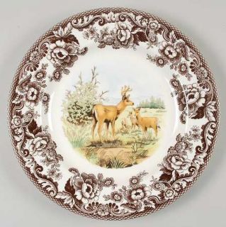 Spode Woodland Dinner Plate, Fine China Dinnerware   Brown Floral Border Animal