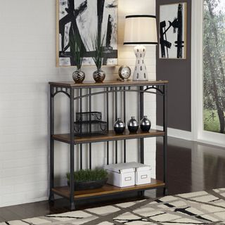 Modern Craftsman 3 tier Multi function Shelves (Distressed oak and brown powder coated metal accented with gold highlightingMaterials Engineered wood solids with oak veneers and powder coated metalFinish Distressed oak and brown powder coated metal acce