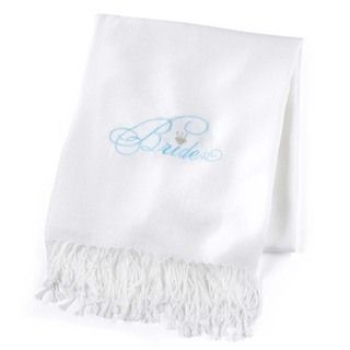 Hortense B. Hewitt Bride White Pashmina Shawl (White with aqua wordingDimensions 72 inches long x 28 inches wideMeasurements are approximate. )