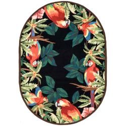 Hand hooked Parrots Black Wool Rug (76 X 96 Oval)