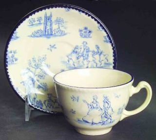 Enoch Wood & Sons Toille De Jouy Blue (Scalloped) Flat Cup & Saucer Set, Fine Ch