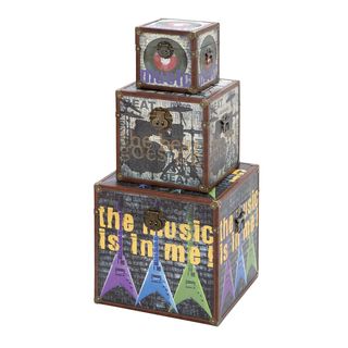 Classic Old Time Wood Canvas Trunk Set (Black/ gray/ multi color printIncludes Three (3) trunksMaterials Wood, canvasLarge dimensions 16 inches high x 16 inches wide x 16 inches deepMedium dimensions 12 inches high x 12 inches wide x 12 inches deepSma