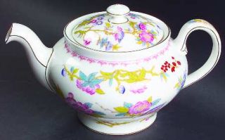 Minton Cuckoo (Smooth,White,Wreath Bkstp) Teapot & Lid, Fine China Dinnerware  