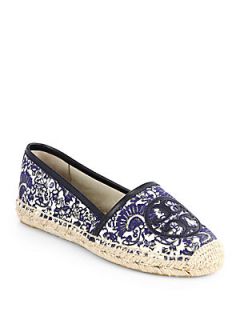 Tory Burch Angus Printed Canvas Espadrille Flats   Navy
