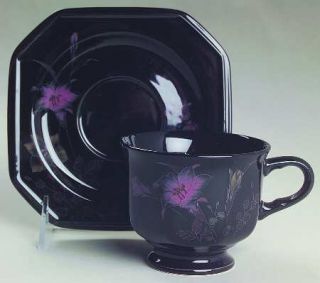 Mikasa Ebony Meadow Footed Cup & Saucer Set, Fine China Dinnerware   Pink&Yellow