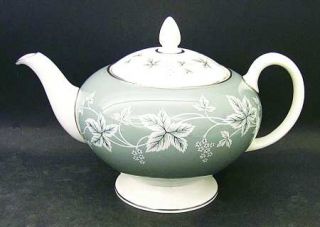 Wedgwood Moselle Gray Teapot & Lid, Fine China Dinnerware   Gray Rim,White Leave
