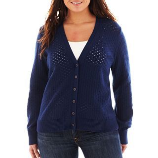 LIZ CLAIBORNE 3/4 Sleeve Pointelle Knit Cardigan Sweater   Plus, Amrc Navy,