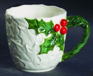 Lefton White Holly Mug, Fine China Dinnerware   Embossed Holly,Green  Holly,Red