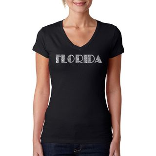 Los Angeles Pop Art Womens Florida Cities Black V neck T shirt (100 percent cotton Machine washableAll measurements are approximate and may vary by size. )