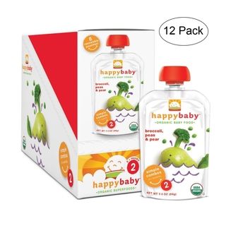Happy Baby Broccoli/ Peas/ Pear Stage 2 Food Pouch (12 Pack) (White pouch with orange lidDimensions 5.6 inches high x 4.6 inches wide x 6.9 inches longSize 3.5 oz. each pouchFlavor Pear, peas, broccoliSize Twelve (12) pouchesSafety Caps present choki