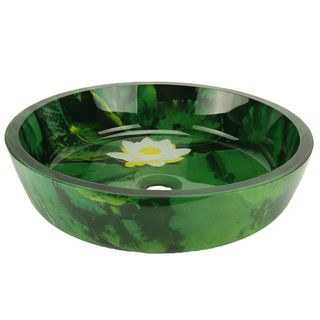 Italia Everglades Glass Vessel Sink (Green Everglades screen printDimensions 16.5 inches diameter x 4.5 inches highGlass thickness 0.75 inchesFaucet setting Vessel fillerPop up drain included NoDrain hole diameter 1.75 inchesModel FSA VS PS0 6028  D
