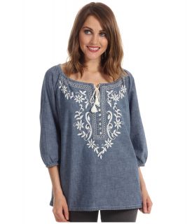 Tommy Bahama Chambray Embroidered Top Womens Blouse (Blue)