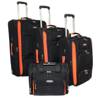 Bell + Howell Orange Quick Access 4 piece Expandable Luggage Set (Black/orangeMaterial Heavy duty 1200 Denier EVA molded hi count polyester fabricWeight 29 inch (12.2 pound), 25 inch (10.2 pound), 21 inch (8.8 pound), tote bag (1.8 pound)Wheeled YesWhe