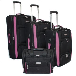 Bell + Howell Fuchsia Quick Access 4 piece Expandable Luggage Set (Black/fuchsiaMaterial Heavy duty 1200 Denier EVA molded hi count polyester fabricWeight 29 inch (12.2 pound), 25 inch (10.2 pound), 21 inch (8.8 pound), tote bag (1.8 pound)Wheeled YesW