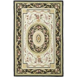 Hand hooked Aubusson Ivory/ Black Wool Rug (6 X 9)