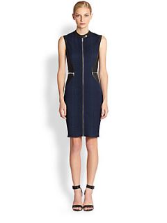 Yigal Azrouel Leather Trimmed Reptile Jacquard Dress   Navy Blue