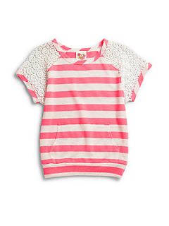 Kiddo Girls Crochet Shoulders Tee   Pink Stripe