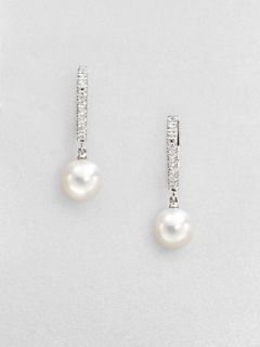 Mikimoto 7.5MM White Akoya Cultured Pearl & Diamond Earrings   Pearl