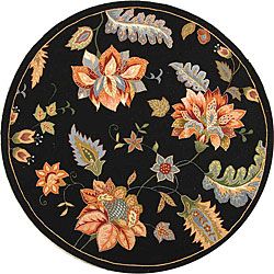 Hand hooked Botanical motif Black Wool Rug (56 Round) (BlackPattern FloralMeasures 0.375 inch thickTip We recommend the use of a non skid pad to keep the rug in place on smooth surfaces.All rug sizes are approximate. Due to the difference of monitor col