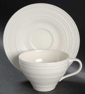 Mikasa Swirl White Flat Cup & Saucer Set, Fine China Dinnerware   All White,Embo