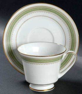 Noritake Tisdale Footed Cup & Saucer Set, Fine China Dinnerware   Green Band,Gol