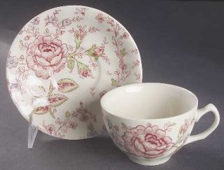 Johnson Brothers Rose Chintz Pink (England 1883 Stamp) Flat Cup & Saucer Set,