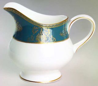 Wedgwood Agincourt Blue Creamer, Fine China Dinnerware   Blue Band,Floral,Gold T