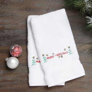 Embroidered Merry Christmas With Stars Holiday Turkish Cotton Hand Towels (set Of 2)