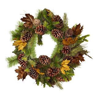 32 inch Pinecone/ Leaves Pine Wreath (GreenMaterials PVC, plastic, wire, polyesterQuantity One (1)Setting IndoorIncludes One (1) pine wreath with pinecones )